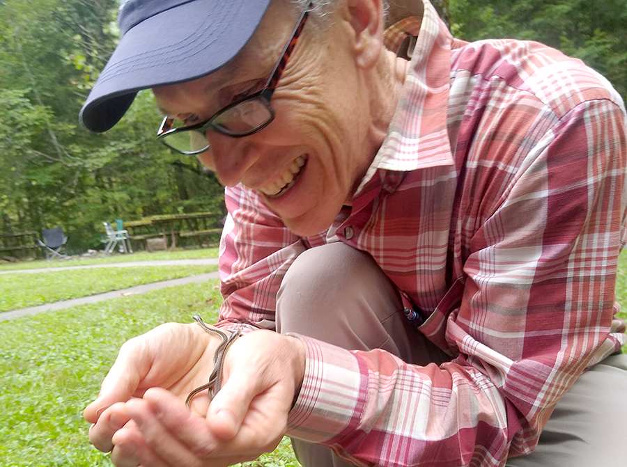 Man excitedly holds many tiny baby garter snakes in his hands.