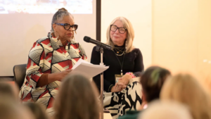 Crystal Wilkinson speaks during a panel discussion at Blount County Public Library offered to the public as part of the 2025 Tremont Writers Conference, while fellow faculty member Karen Spears Zacharias looks on. Photo by Robin Pyle, courtesy of Smokies Life.